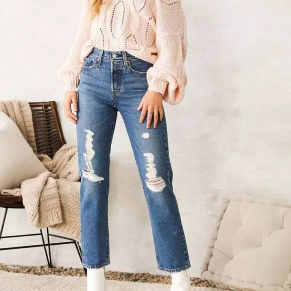 Levi's Wedgie Straight Leg Distressed High Rise Jeans Oxnard Drive Dark Blue 31 - Picture 6 of 13